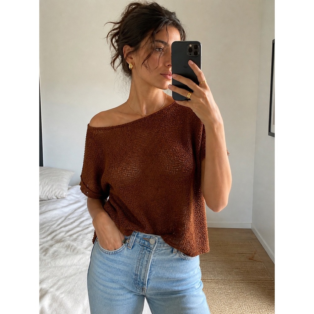Gregge Sport Vintage Made in USA Brown Knit Mesh Short Sleeve Sweater Top Medium